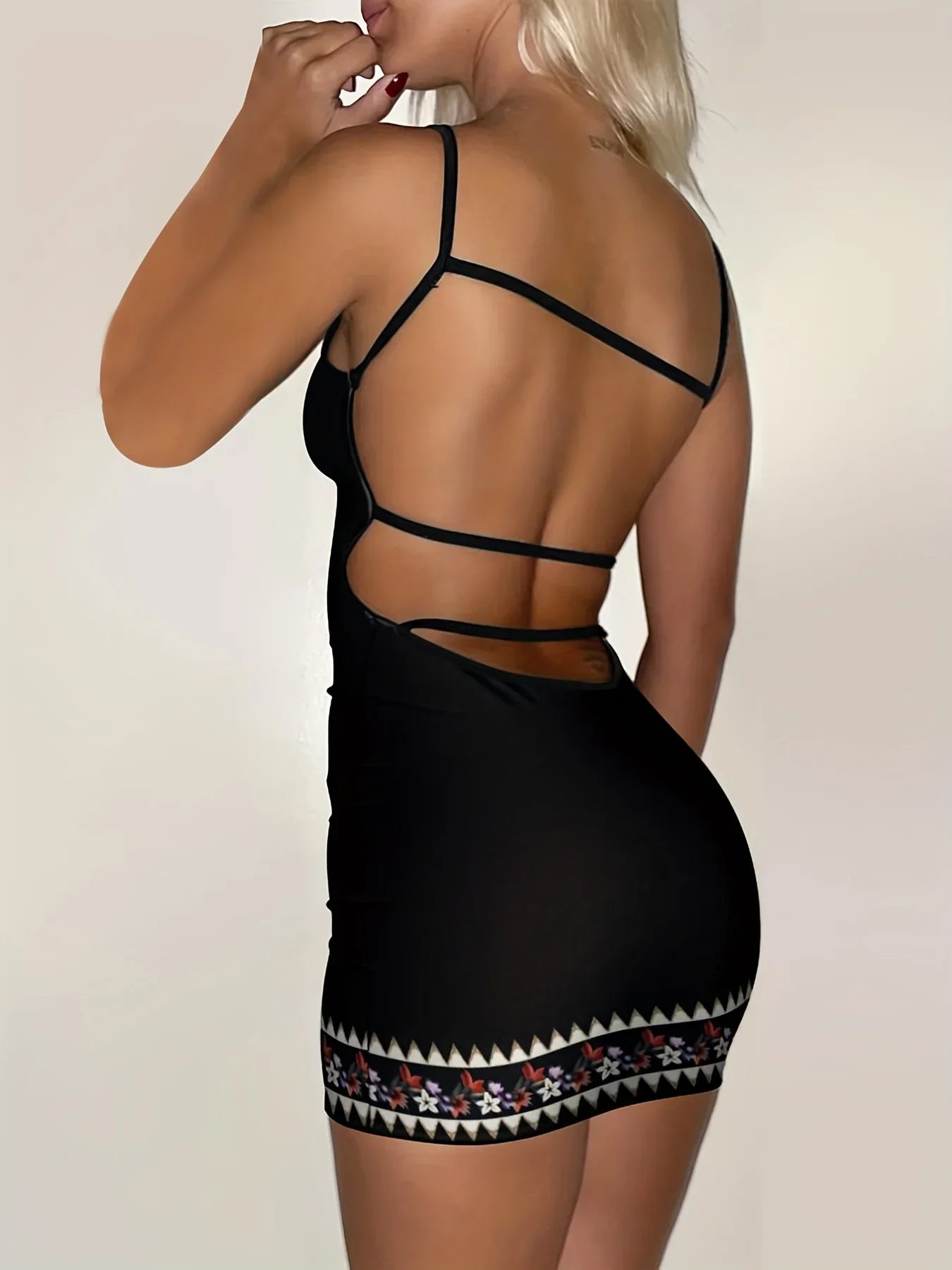 Bodycon Cami-Kleid mit Blumendruck, Sexy Rückenfreies Spaghetti-Kleid - tif-shop24.de