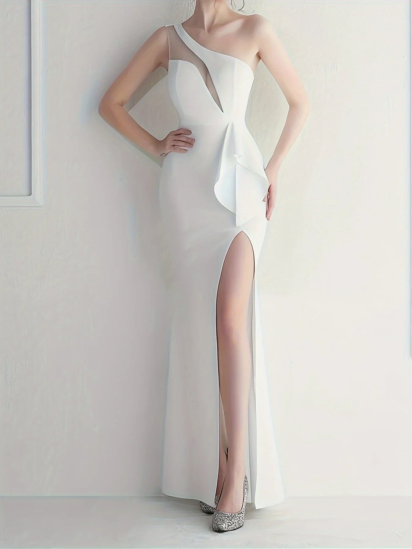 One Shoulder Mesh Meerjungfrau Elegantes Ärmelloses Mit Gespaltenem Saum - tif-shop24.de