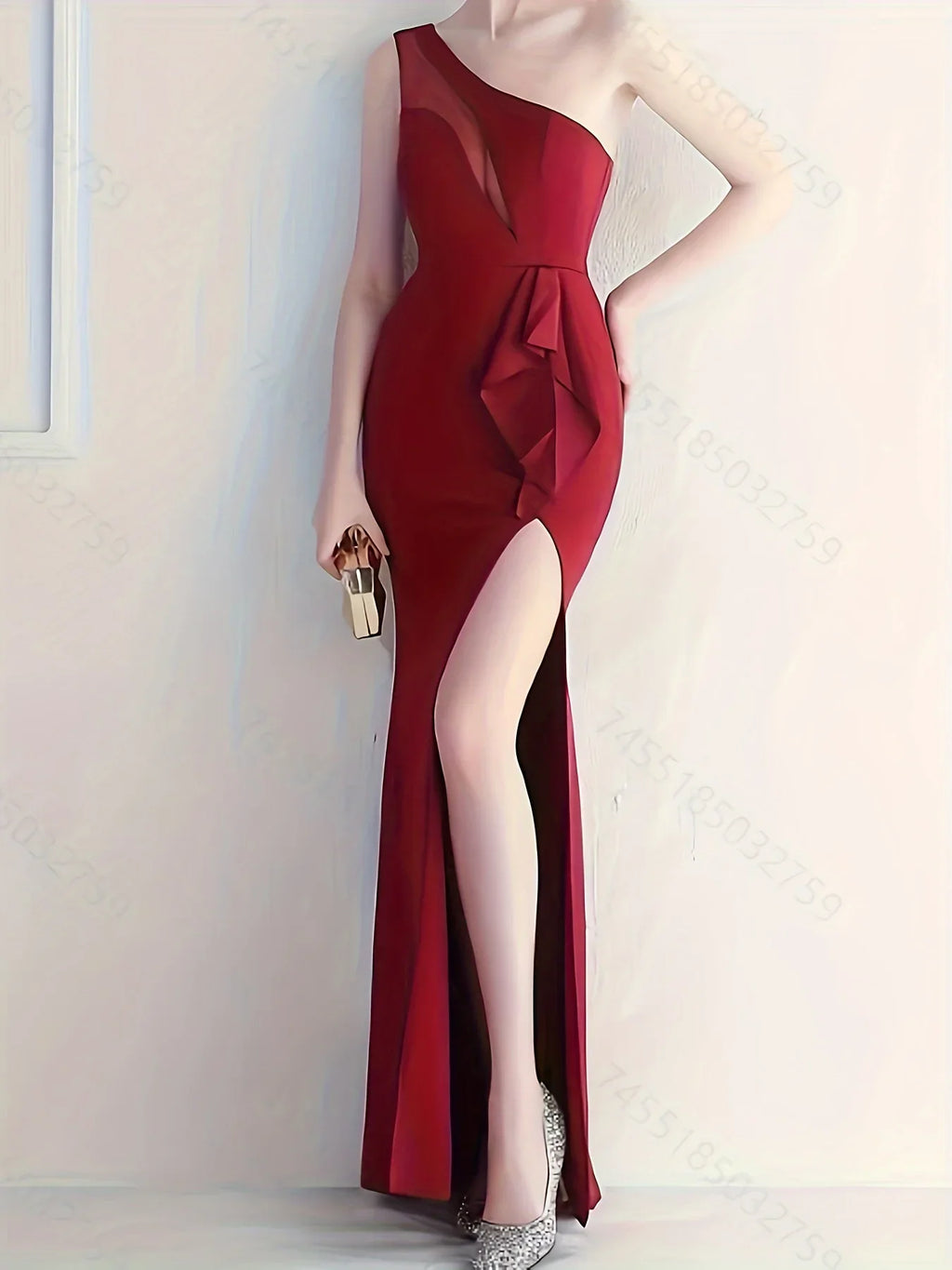 One Shoulder Mesh Meerjungfrau Elegantes Ärmelloses Mit Gespaltenem Saum - tif-shop24.de