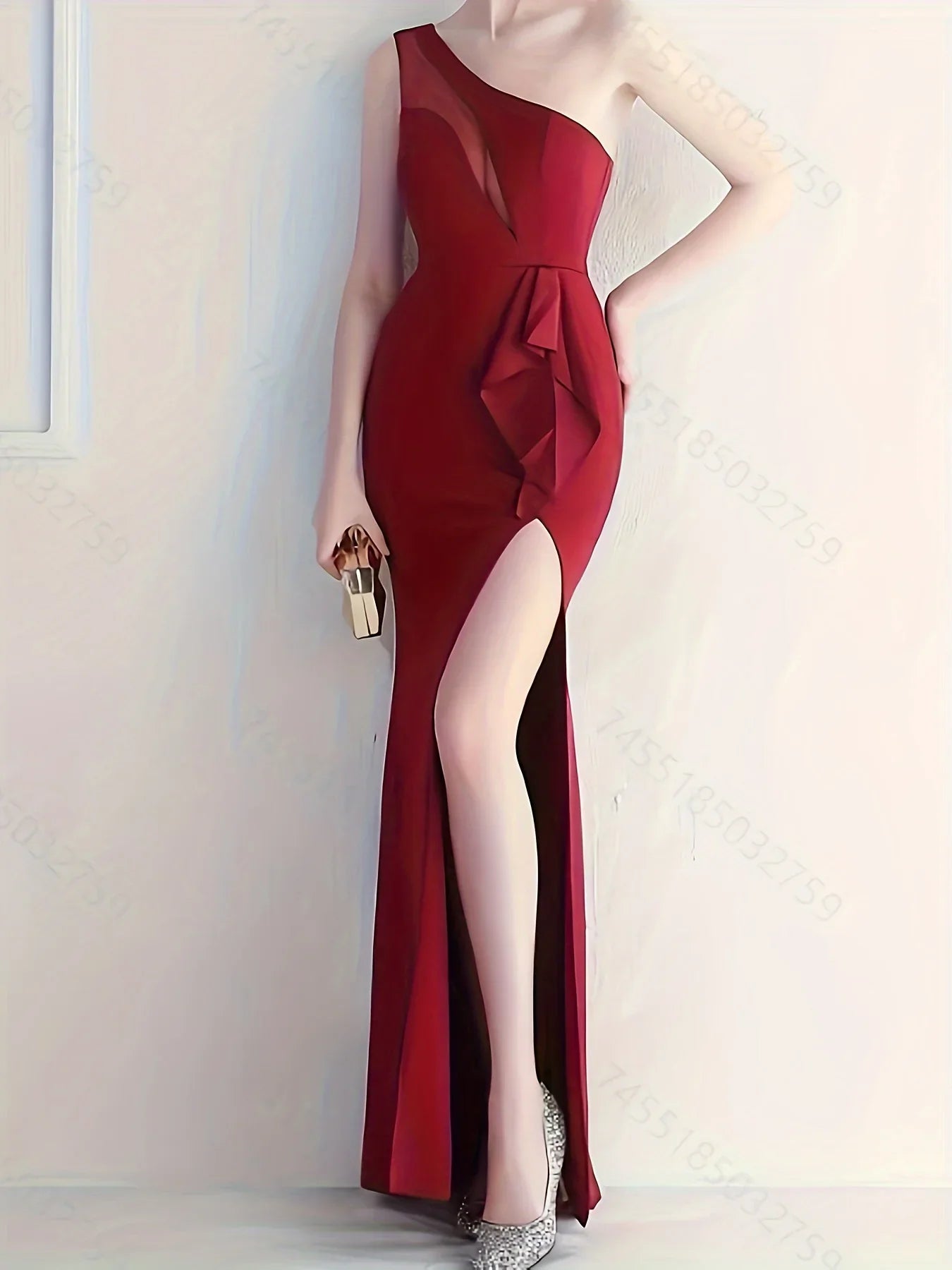 One Shoulder Mesh Meerjungfrau Elegantes Ärmelloses Mit Gespaltenem Saum - tif-shop24.de