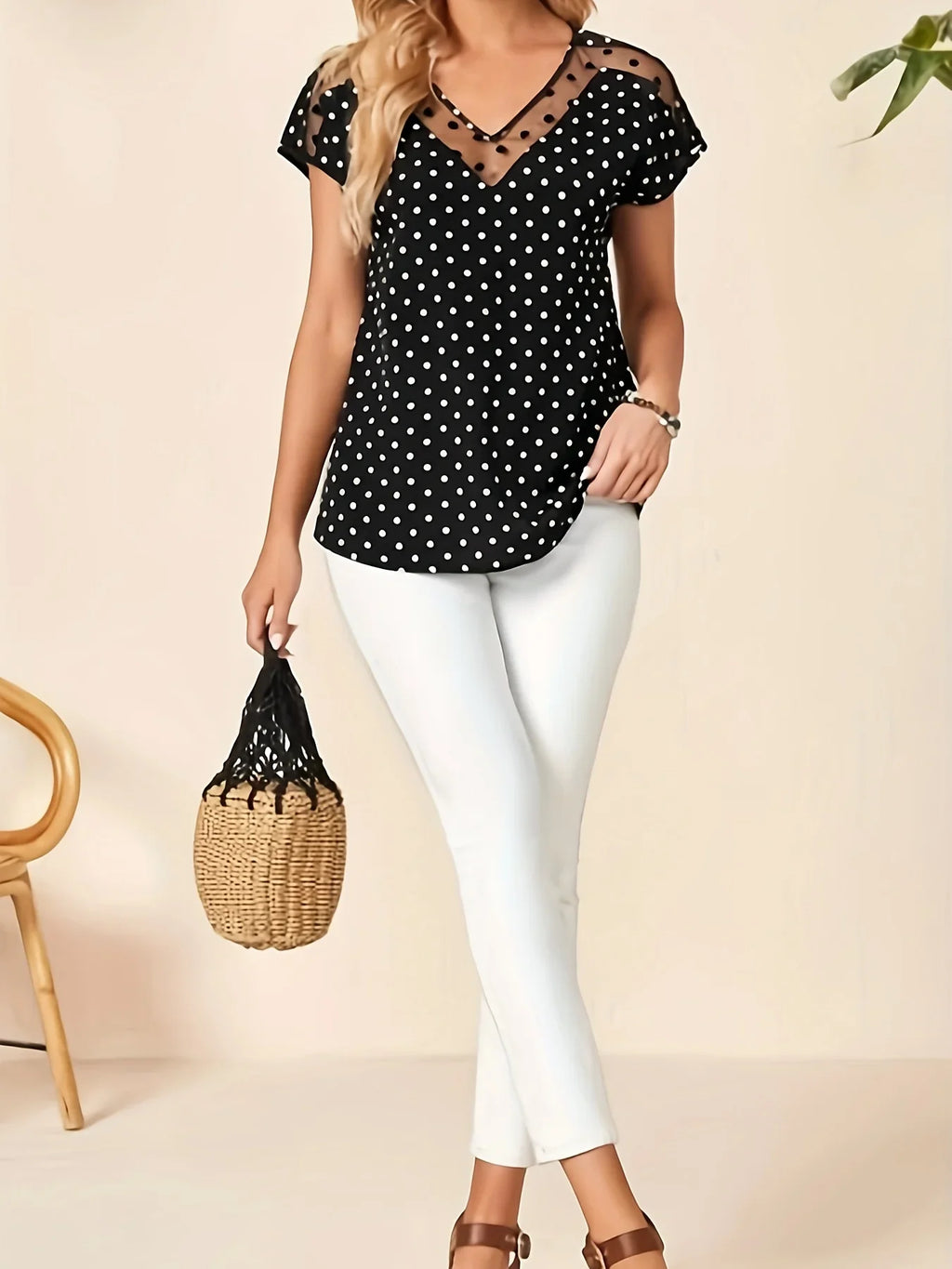 Polka-dot Print Mesh Splicing V-Ausschnitt Top, Vintage Kurzarm Top | tif-shop24.de
