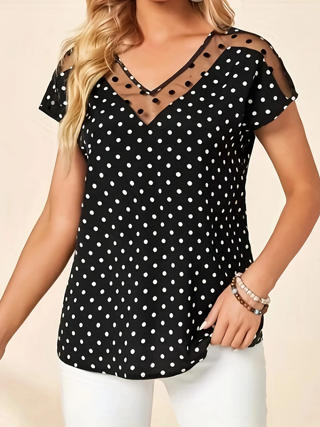 Polka-dot Print Mesh Splicing V-Ausschnitt Top, Vintage Kurzarm Top | tif-shop24.de