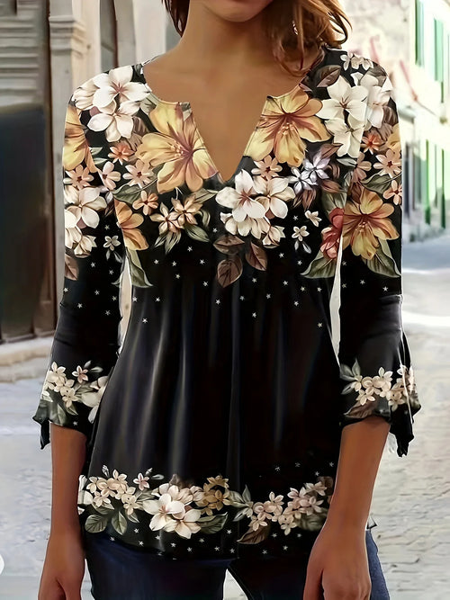 T-Shirt Mit Blumendruck, Gekerbtem Ausschnitt, Elegantes Oberteil - tif-shop24.de