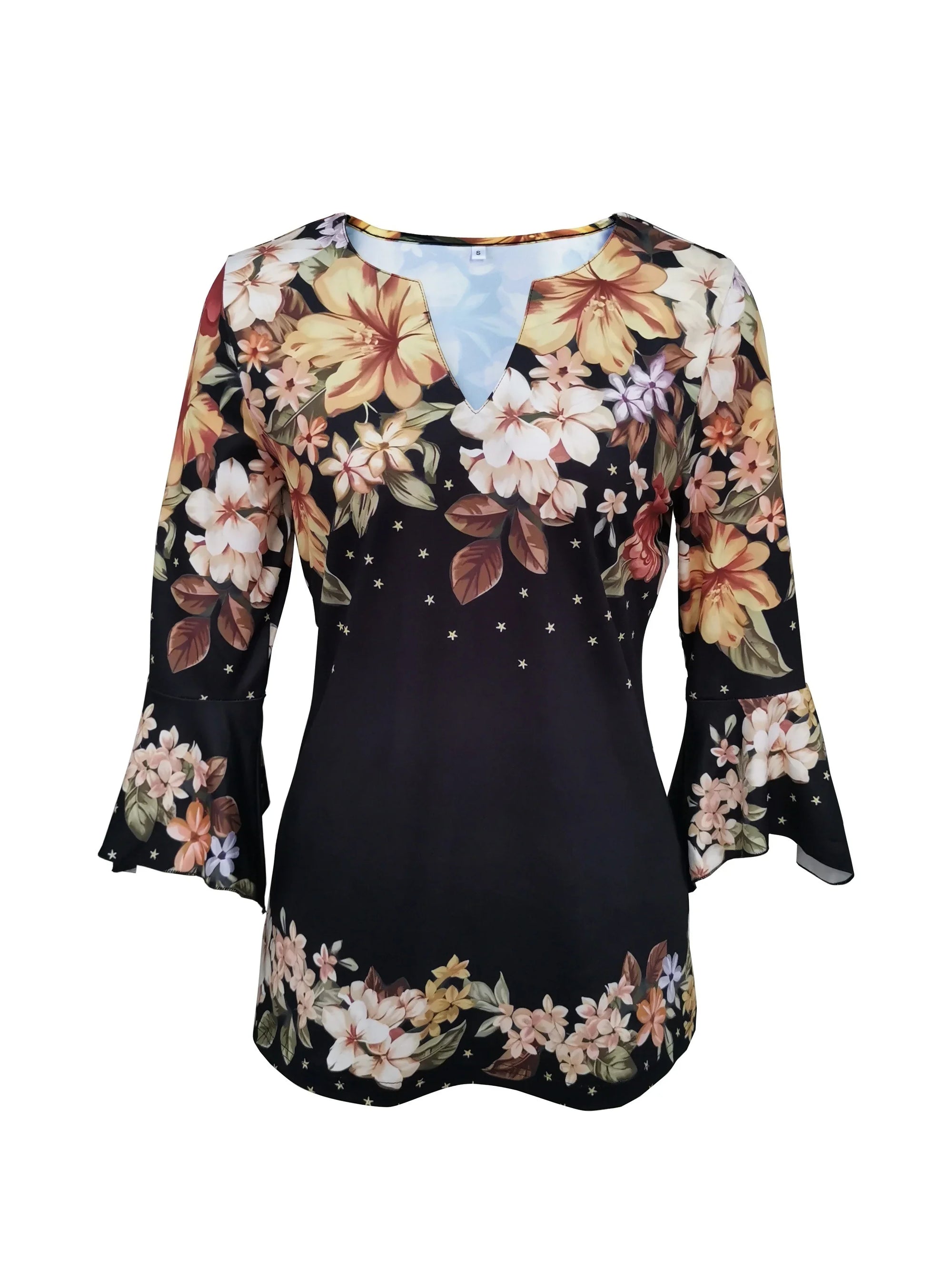 T-Shirt Mit Blumendruck, Gekerbtem Ausschnitt, Elegantes Oberteil - tif-shop24.de