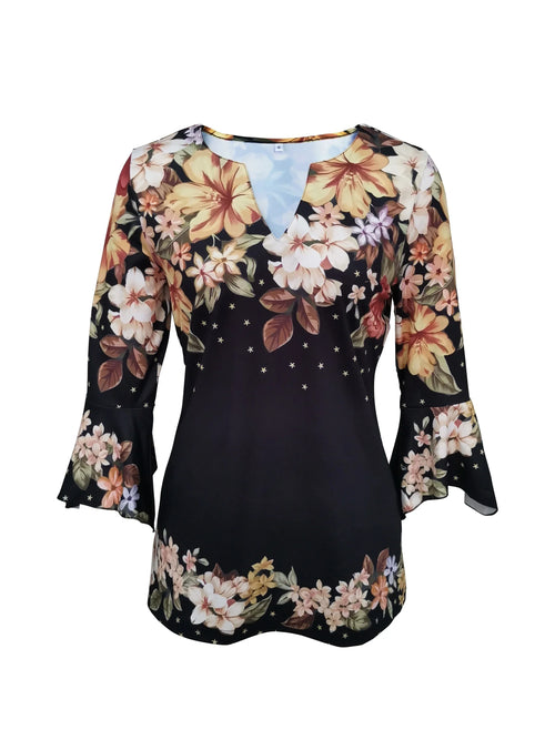 T-Shirt Mit Blumendruck, Gekerbtem Ausschnitt, Elegantes Oberteil - tif-shop24.de