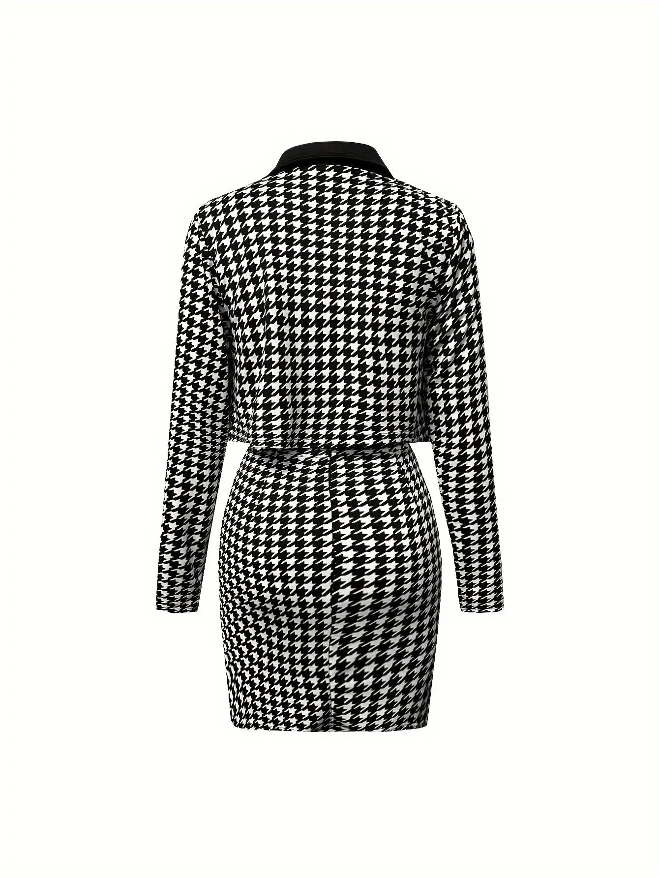 Zweiteiliges Set Mit Y2K-Hahnentrittmuster, Langarm-Reversmantel Mit Offener Vorderseite Und Ärmellosem Cami-Kleid Mit Schmalem Knopfdeko - tif-shop24.de