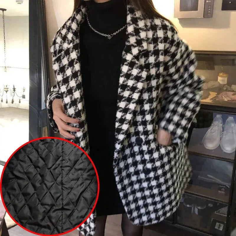 Dicke Vintage Houndstooth Wollmantel Koreanische Lose Zweireihige Elegante Warme Oberbekleidung | tif-shop24.de