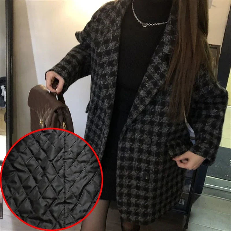 Dicke Vintage Houndstooth Wollmantel Koreanische Lose Zweireihige Elegante Warme Oberbekleidung | tif-shop24.de