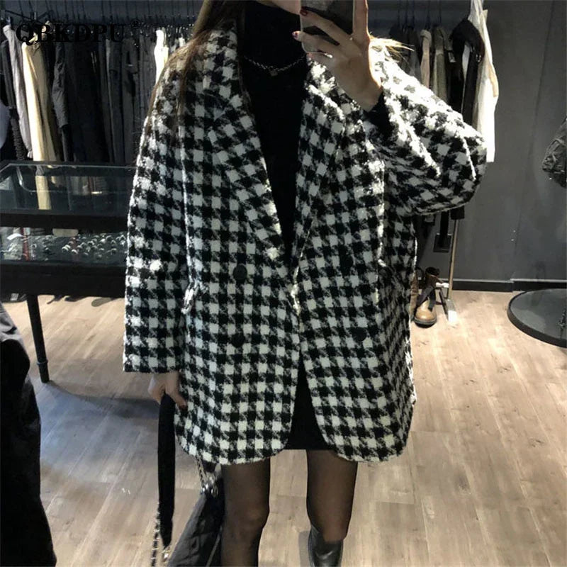 Dicke Vintage Houndstooth Wollmantel Koreanische Lose Zweireihige Elegante Warme Oberbekleidung - tif-shop24.de