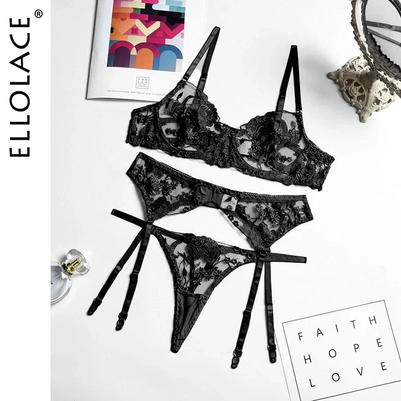 Ellolace Neon Floral Dessous 3 Teilig Transparent Unterwäsche Push-up Bh Mit Knochen Erotische Dessous Sinnliche Dessous Set | tif-shop24.de