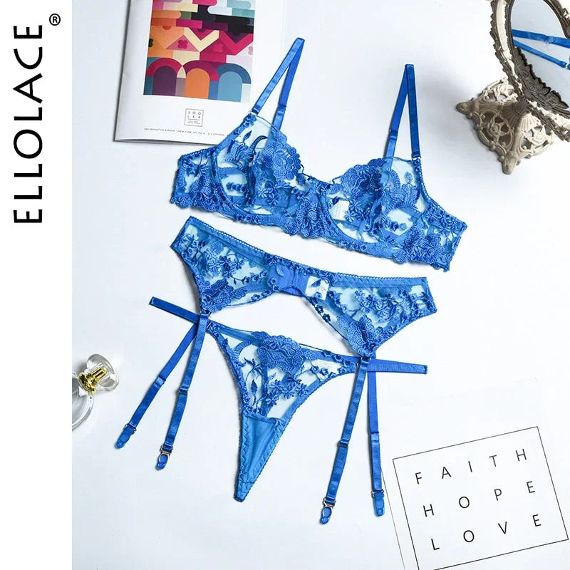 Ellolace Neon Floral Dessous 3 Teilig Transparent Unterwäsche Push-up Bh Mit Knochen Erotische Dessous Sinnliche Dessous Set | tif-shop24.de