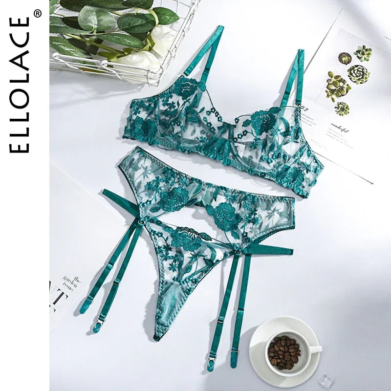 Ellolace Neon Floral Dessous 3 Teilig Transparent Unterwäsche Push-up Bh Mit Knochen Erotische Dessous Sinnliche Dessous Set - tif-shop24.de
