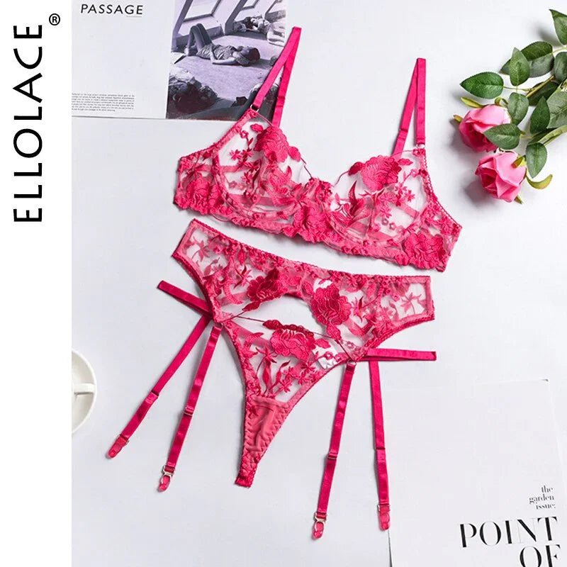 Ellolace Neon Floral Dessous 3 Teilig Transparent Unterwäsche Push-up Bh Mit Knochen Erotische Dessous Sinnliche Dessous Set | tif-shop24.de
