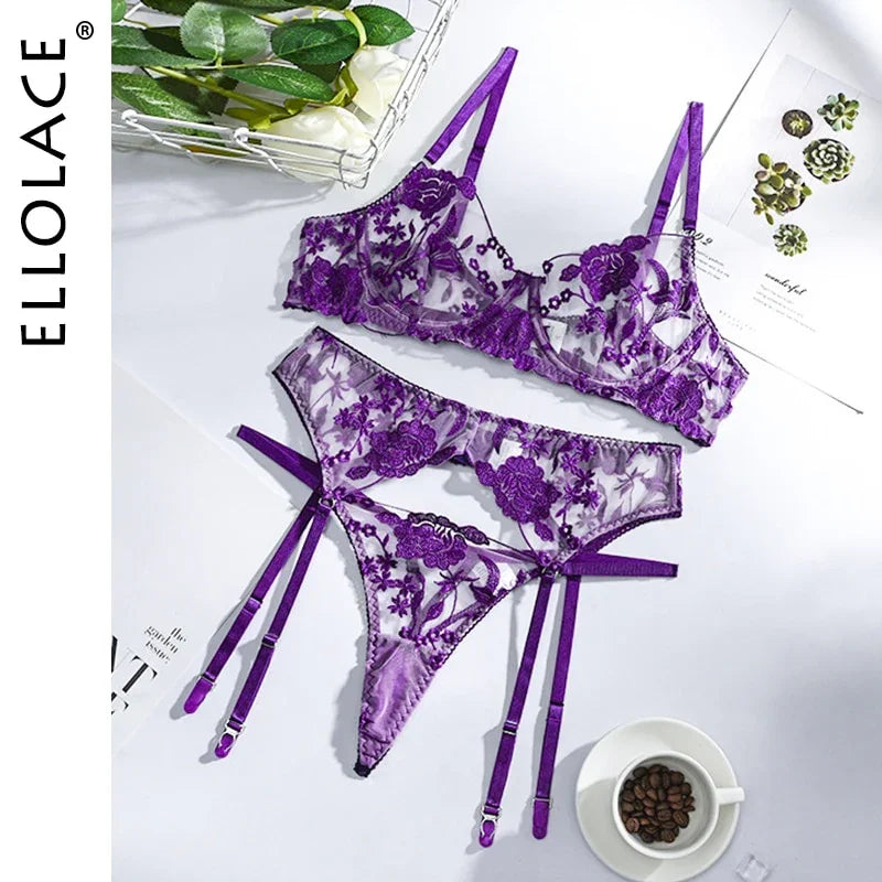 Ellolace Neon Floral Dessous 3 Teilig Transparent Unterwäsche Push-up Bh Mit Knochen Erotische Dessous Sinnliche Dessous Set | tif-shop24.de