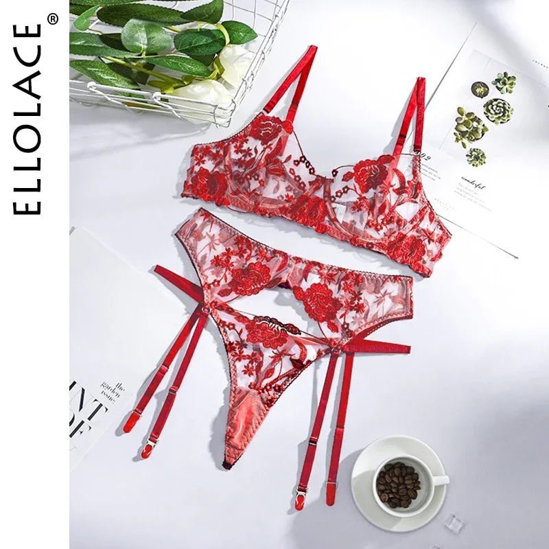 Ellolace Neon Floral Dessous 3 Teilig Transparent Unterwäsche Push-up Bh Mit Knochen Erotische Dessous Sinnliche Dessous Set | tif-shop24.de
