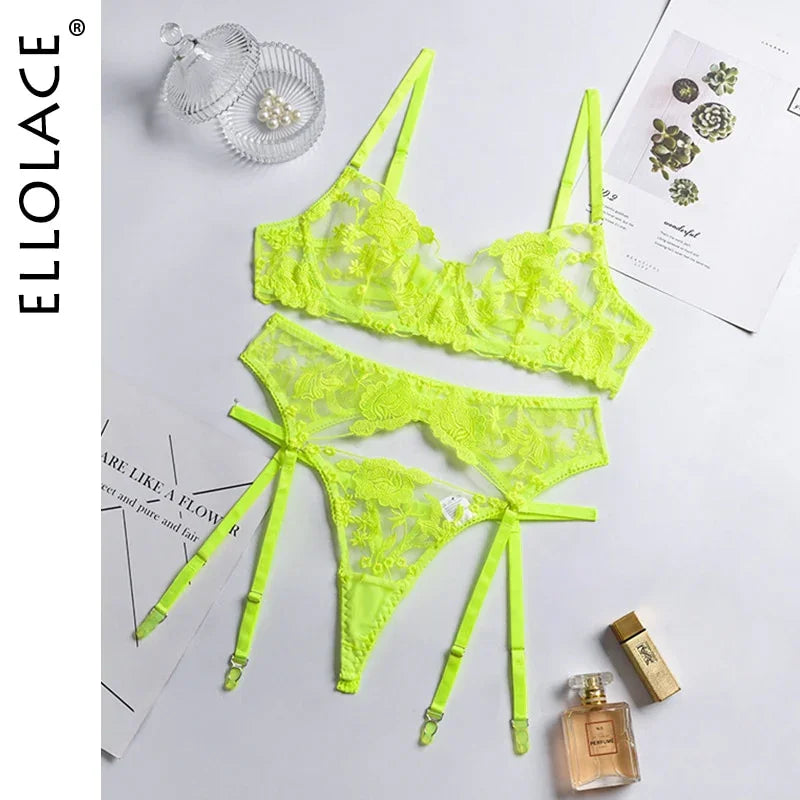Ellolace Neon Floral Dessous 3 Teilig Transparent Unterwäsche Push-up Bh Mit Knochen Erotische Dessous Sinnliche Dessous Set | tif-shop24.de