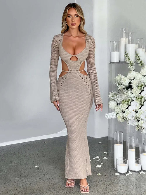 Knitted Long Sleeve Hollow Out Dress Bodycon Sexy And Elegant Female Vesidos Party Club Evening Dress - tif-shop24.de