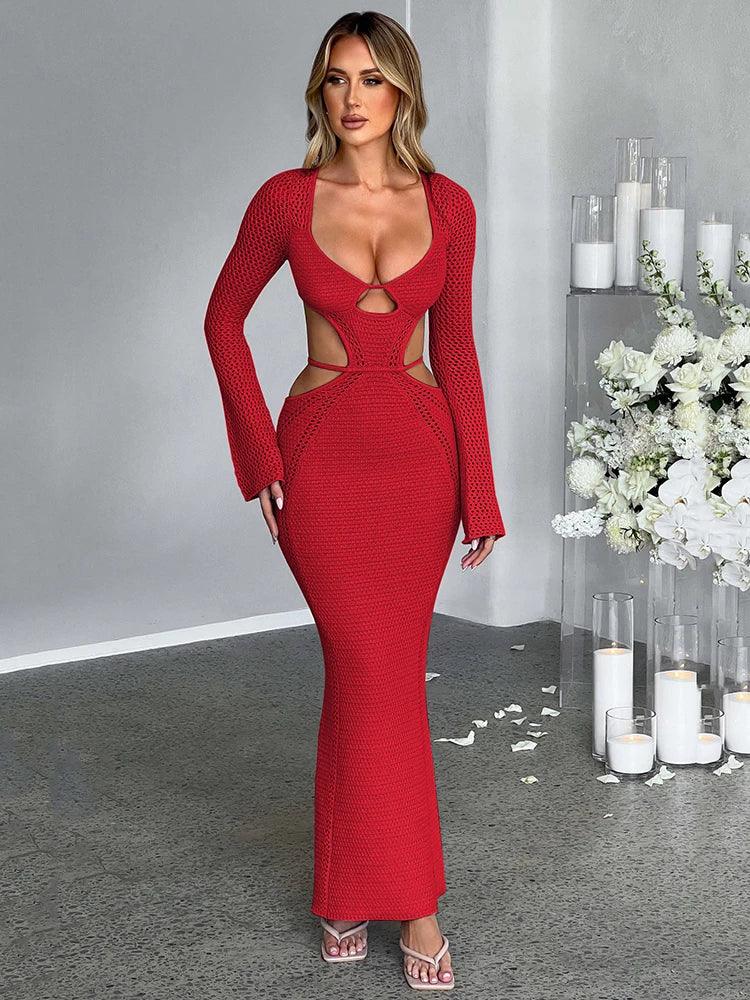 Knitted Long Sleeve Hollow Out Dress Bodycon Sexy And Elegant Female Vesidos Party Club Evening Dress | tif-shop24.de