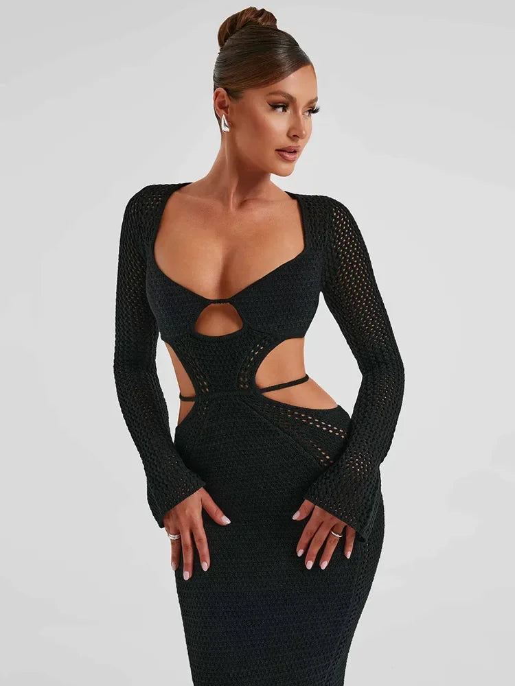 Knitted Long Sleeve Hollow Out Dress Bodycon Sexy And Elegant Female Vesidos Party Club Evening Dress | tif-shop24.de
