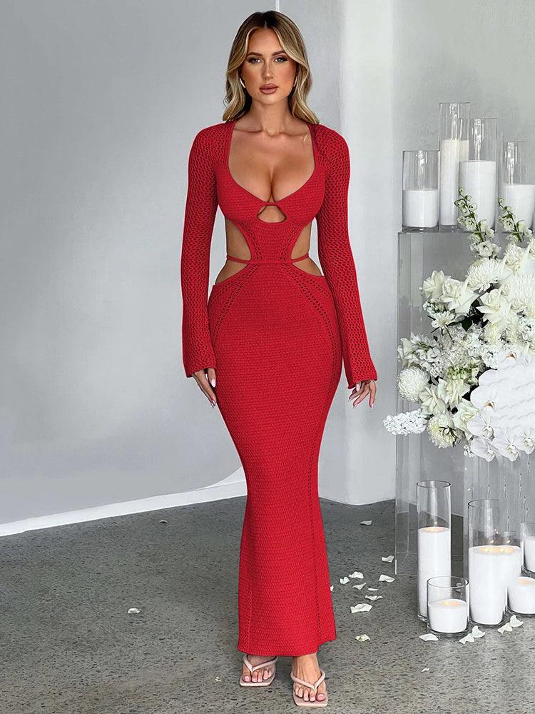 Knitted Long Sleeve Hollow Out Dress Bodycon Sexy And Elegant Female Vesidos Party Club Evening Dress | tif-shop24.de