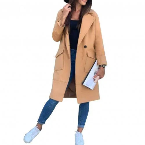 Neue Eingetroffen Herbst / Winter Frauen Einfarbig Mantel Revers Tasten Taschen Lange Mantel - tif-shop24.de