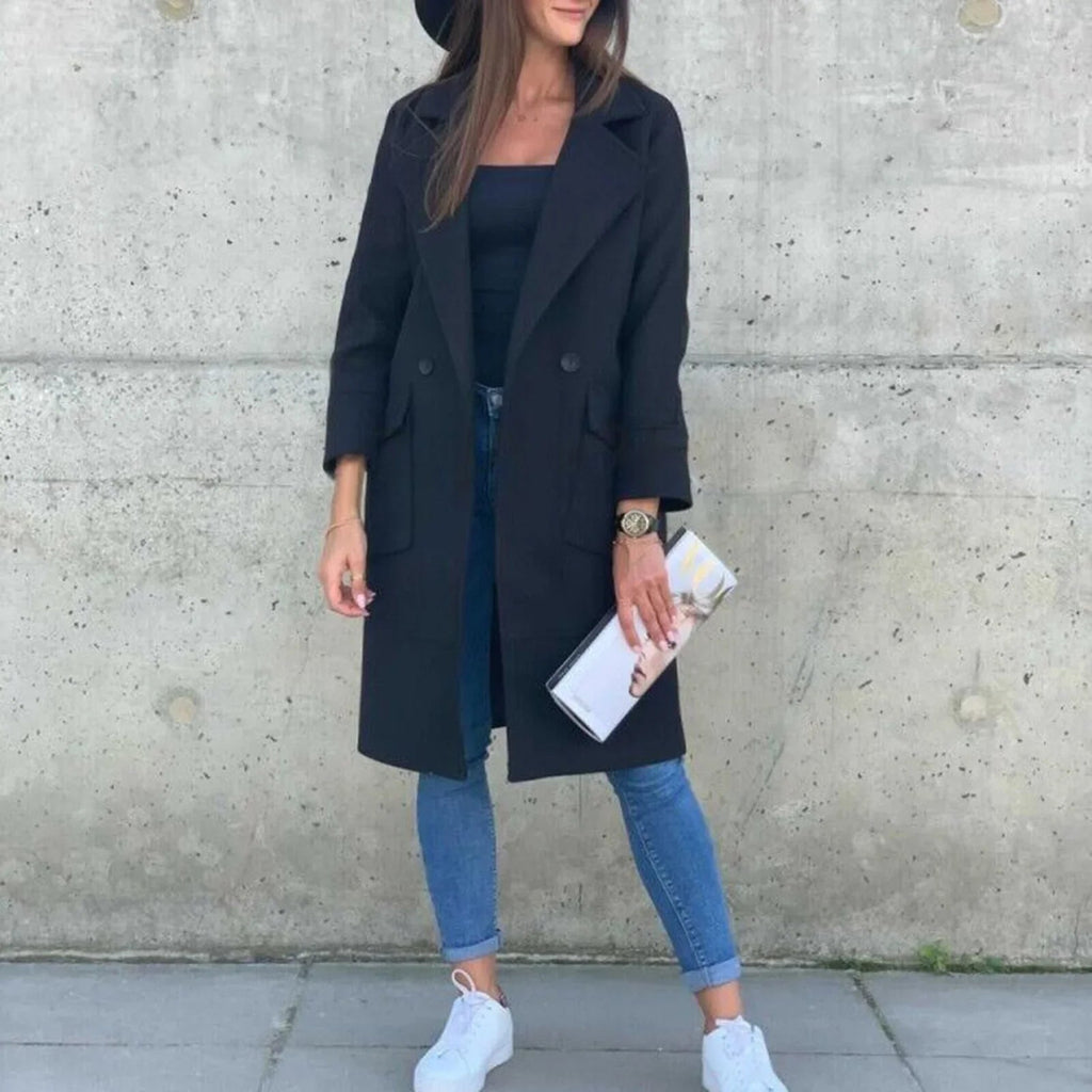 Neue Eingetroffen  Herbst / Winter Frauen  Einfarbig Mantel Revers Tasten Taschen Lange Mantel | tif-shop24.de