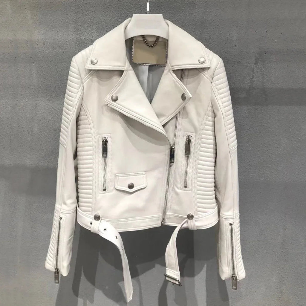 Neue Luxus Echtes Lederjacke Mode  Motorrad Biker Echtes Schaffell mit Gürtel | tif-shop24.de