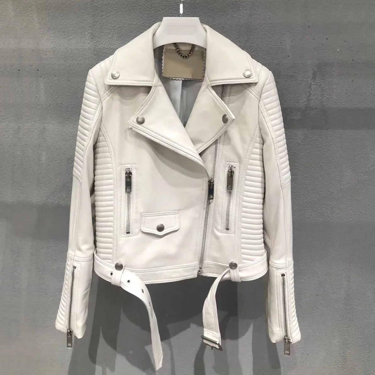 Neue Luxus Echtes Lederjacke Mode  Motorrad Biker Echtes Schaffell mit Gürtel | tif-shop24.de