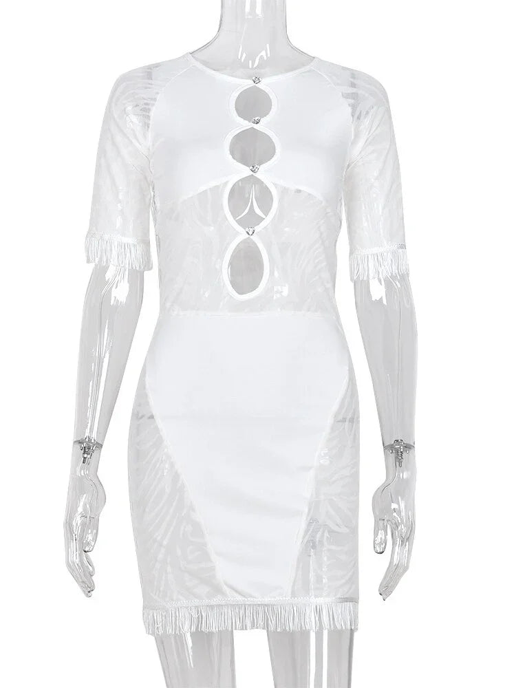 O Neck Durchsichtig Quaste Kleider Kurzarm Sexy Nacht Club Overalls  Bodycon Patchwork Aushöhlen | tif-shop24.de