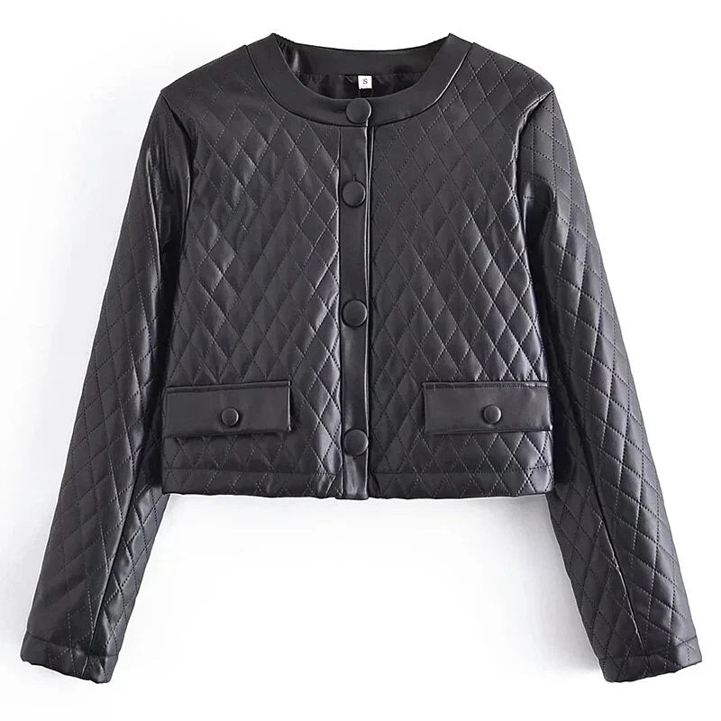 Aachoae Frauen Schwarz Farbe Pu Kunstleder Cropped Jackel Einreihig Langarm Mäntel Argyle Oberbekleidung Tops - tif-shop24.de