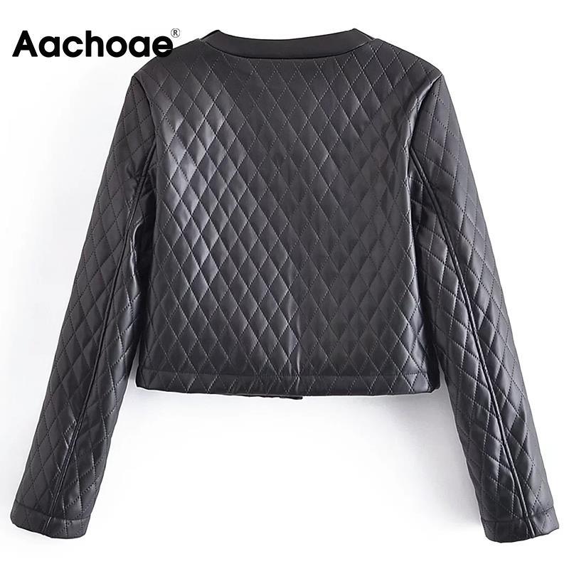 Aachoae Frauen Schwarz Farbe Pu Kunstleder Cropped Jackel Einreihig Langarm Mäntel Argyle Oberbekleidung Tops - tif-shop24.de