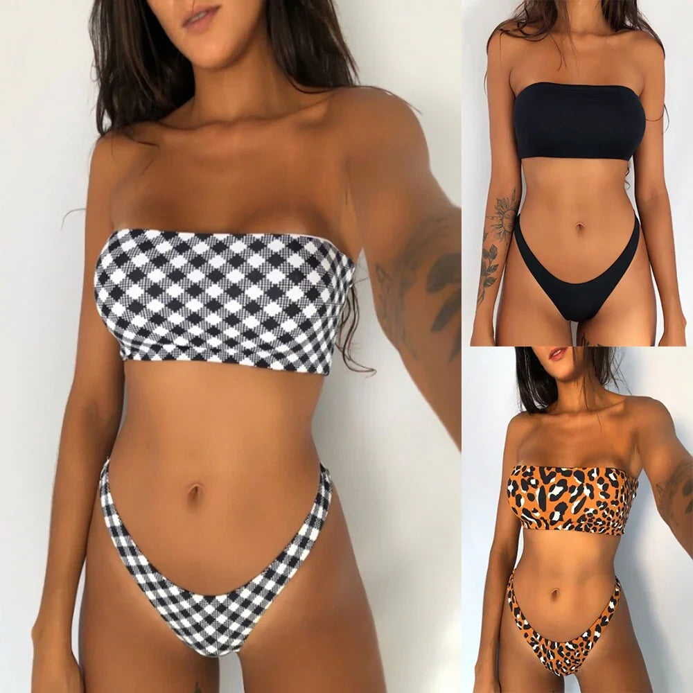 Sommer Sexy Bandeau Bikini Zwei teilig Plaid Bademode - tif-shop24.de