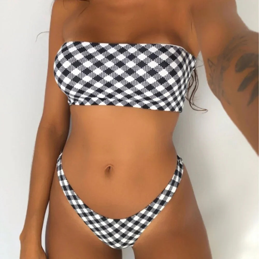 Sommer Sexy Bandeau Bikini Zwei teilig Plaid Bademode - tif-shop24.de