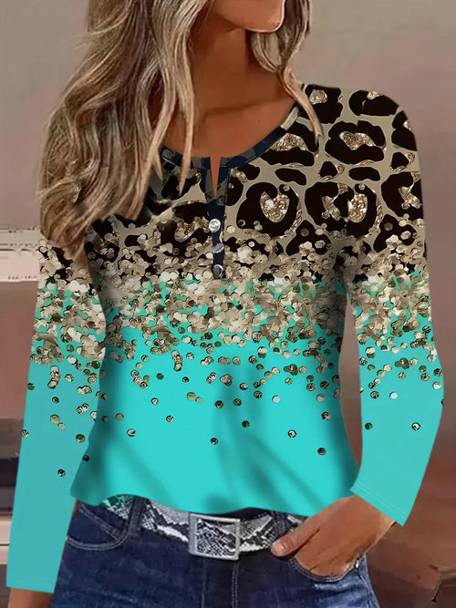 T-Shirt Mit Leoparden- Und Pailletten-Print, Lässiges Langarm-Top Für Frühling Und Herbst - tif-shop24.de