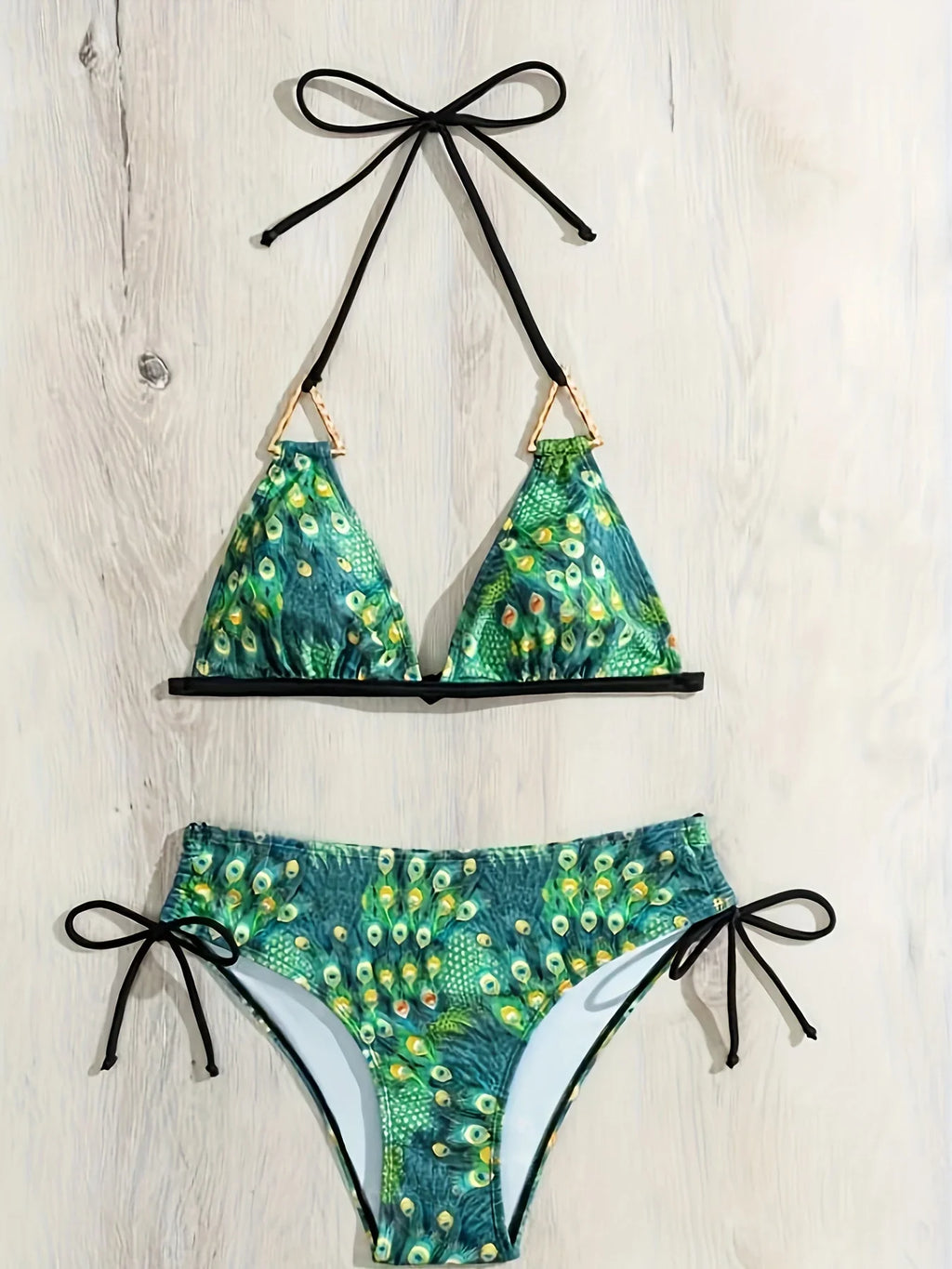 Pfauenmuster 2-teiliges Bikini-Set Neckholder V-Ausschnitt Rückenfrei Seitlich Gebunden Hoch Geschnittene Bademode - tif-shop24.de