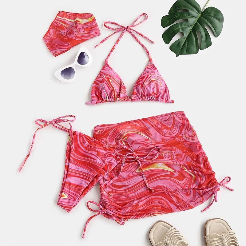 Miyouj Welle Druck Badeanzug – Sexy 4‑teiliger Bikini‑Set mit Sarong | tif-shop24.de