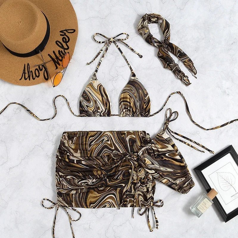 Miyouj Welle Druck Badeanzug – Sexy 4‑teiliger Bikini‑Set mit Sarong | tif-shop24.de