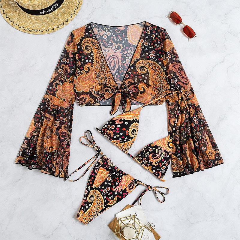 Miyouj Welle Druck Badeanzug – Sexy 4‑teiliger Bikini‑Set mit Sarong | tif-shop24.de