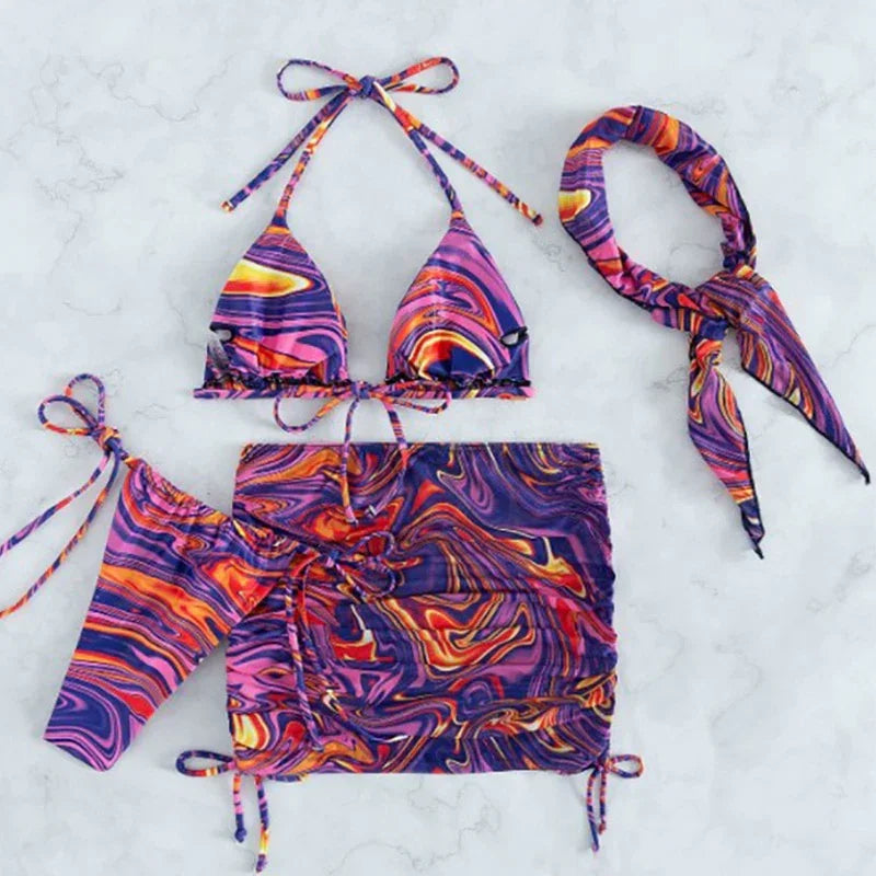 Miyouj Welle Druck Badeanzug – Sexy 4‑teiliger Bikini‑Set mit Sarong | tif-shop24.de