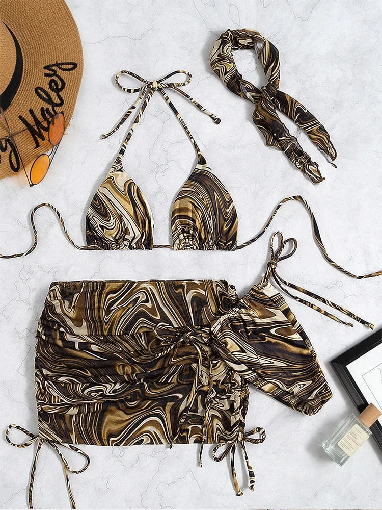 Miyouj Welle Druck Badeanzug – Sexy 4‑teiliger Bikini‑Set mit Sarong | tif-shop24.de