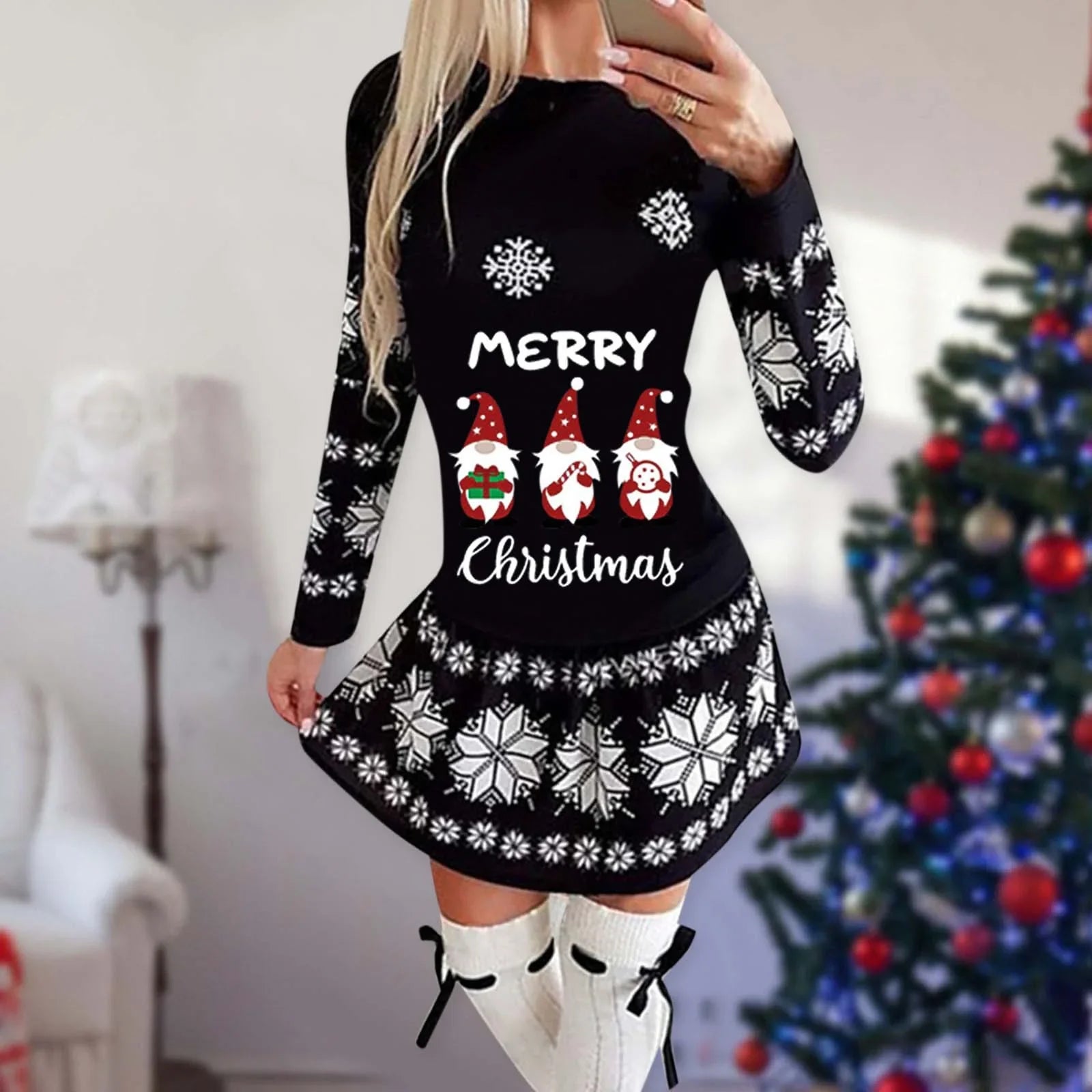 Christmas Print Round Neck Long Sleeve Dress - tif-shop24.de