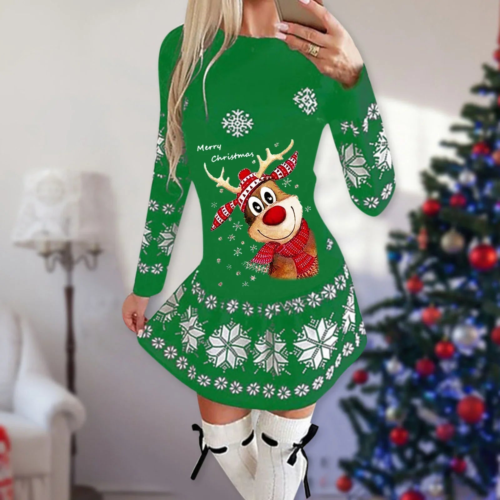 Christmas Print Round Neck Long Sleeve Dress - tif-shop24.de