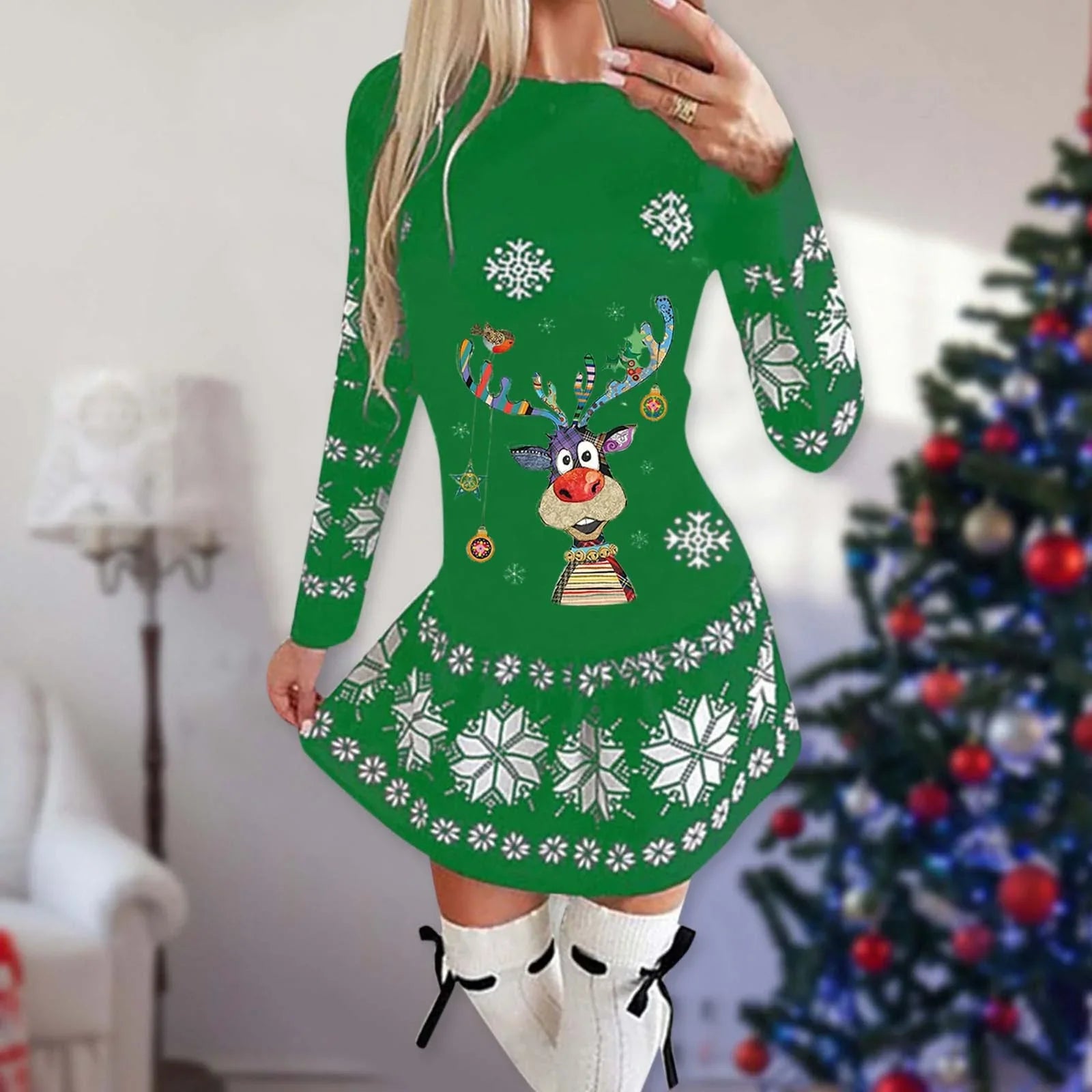 Christmas Print Round Neck Long Sleeve Dress | tif-shop24.de