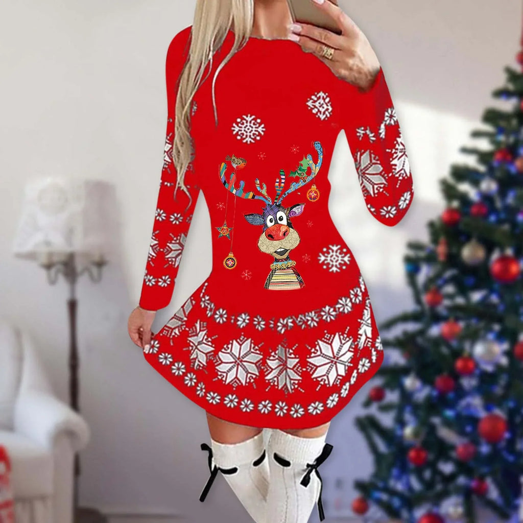 Christmas Print Round Neck Long Sleeve Dress | tif-shop24.de