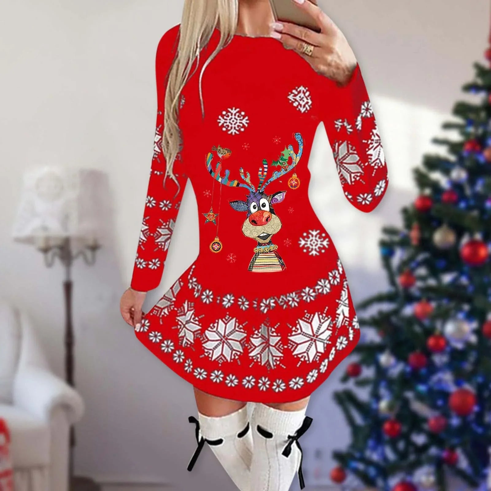 Christmas Print Round Neck Long Sleeve Dress | tif-shop24.de