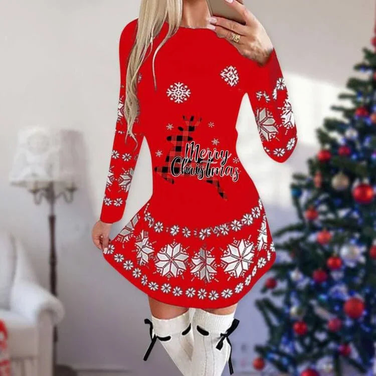 Christmas Print Round Neck Long Sleeve Dress | tif-shop24.de
