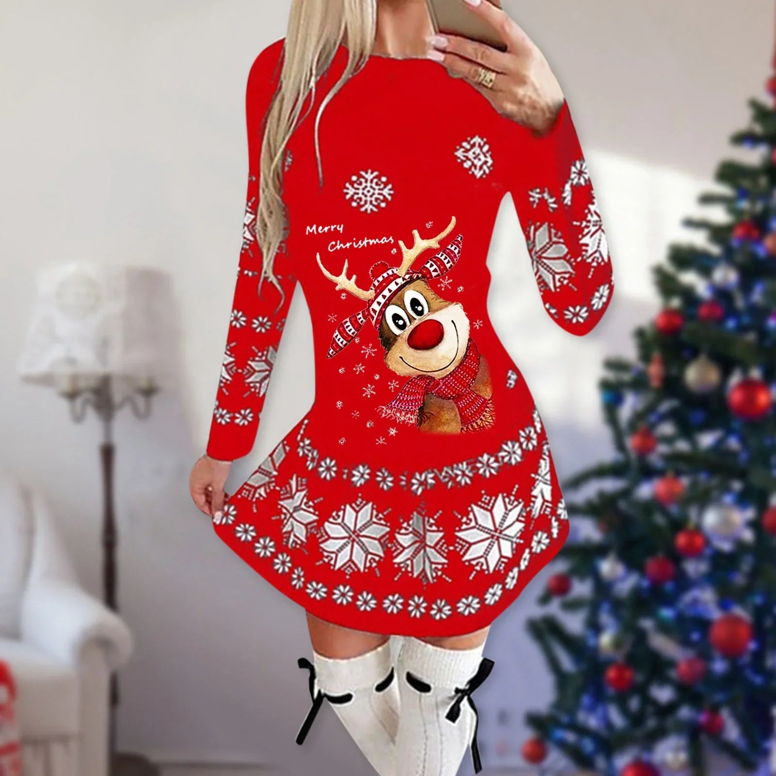 Christmas Print Round Neck Long Sleeve Dress | tif-shop24.de