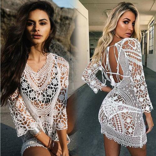 Bademode Cover Up Frauen Weiß Spitze Tunika Strand Kleid Backless Badeanzug Häkeln - tif-shop24.de
