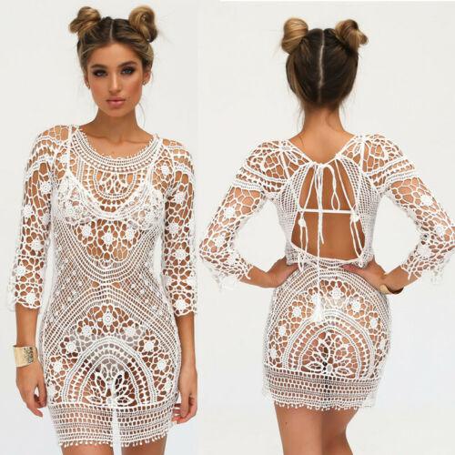 Bademode Cover Up Frauen Weiß Spitze Tunika Strand Kleid  Backless Badeanzug Häkeln | tif-shop24.de