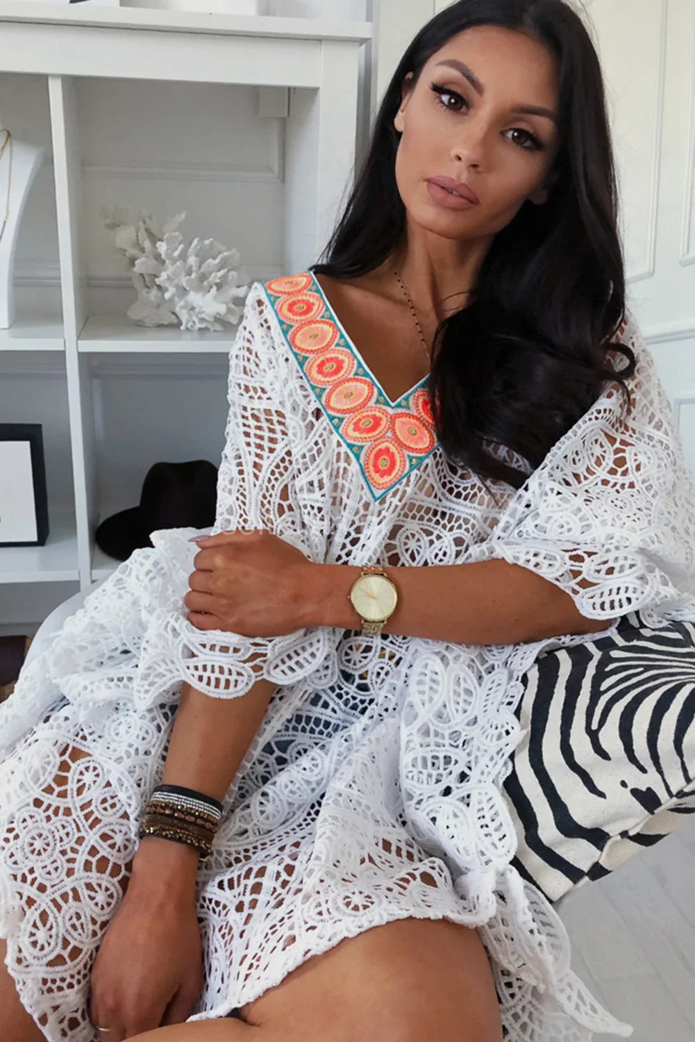 Weißer Kontrast V Ausschnitt Häkeln Beach Cover up - tif-shop24.de